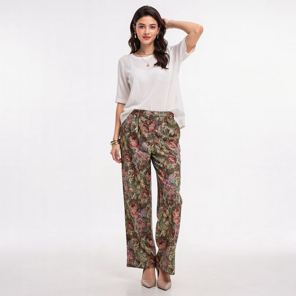 Meadows Pants - Meadows Floral Tapestry Green Pink Trousers - Size 2
